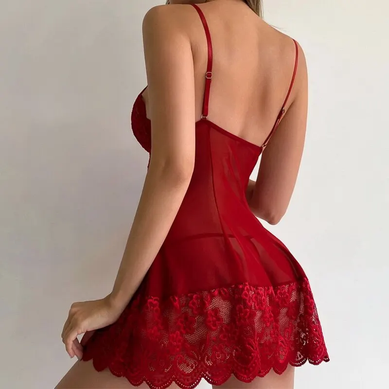 Sexy conjunto de lingerie de renda camisola curta feminina perspectiva roupa interior suspender vestido fino lolita traje exótico sleepwear