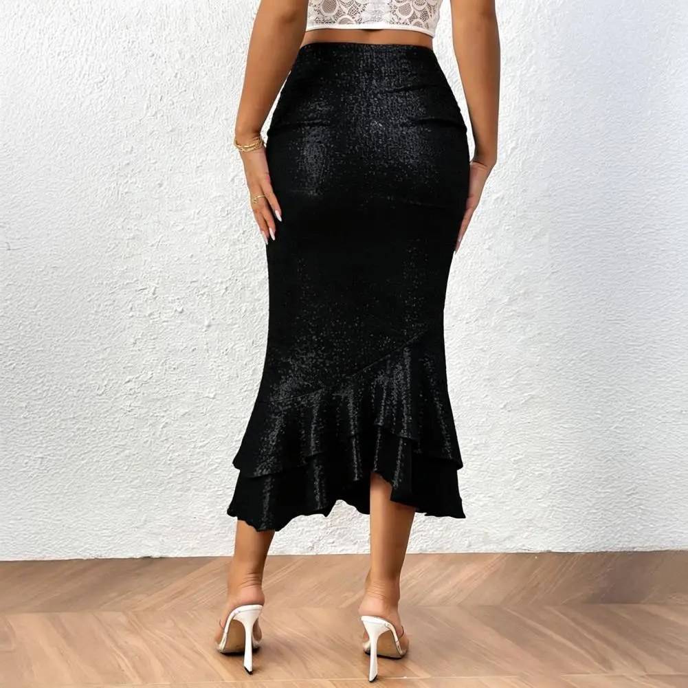 

Soft Skirt Women’s Midi Skirt Glitter Party Wear Sexy Hip-hugging Fishtail Skirt with Ruffle Hem Low-rise Pure Color Daily
