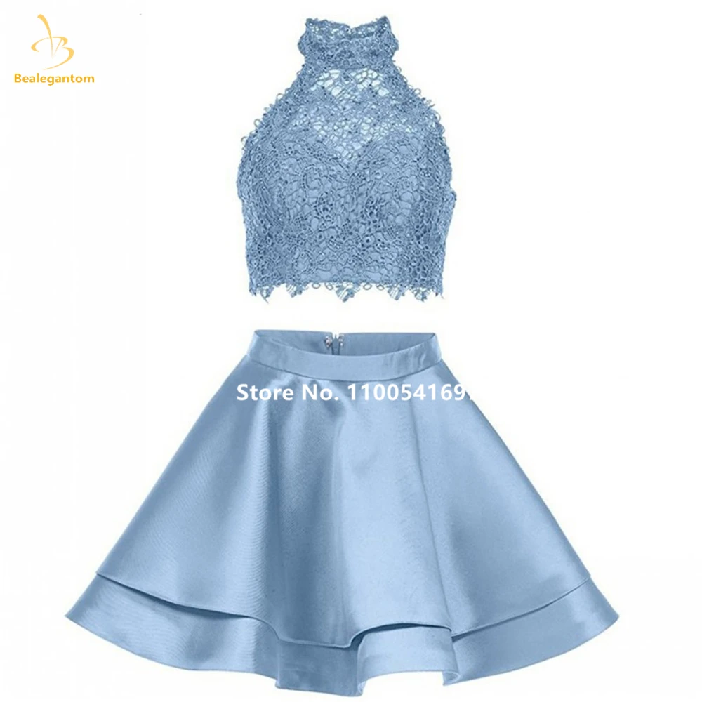 Bealegantom Prom Homecoming Dresses Short Lace 2 Pieces Halter High Neck Mini Cocktail Graudation Party Gowns Custom Made