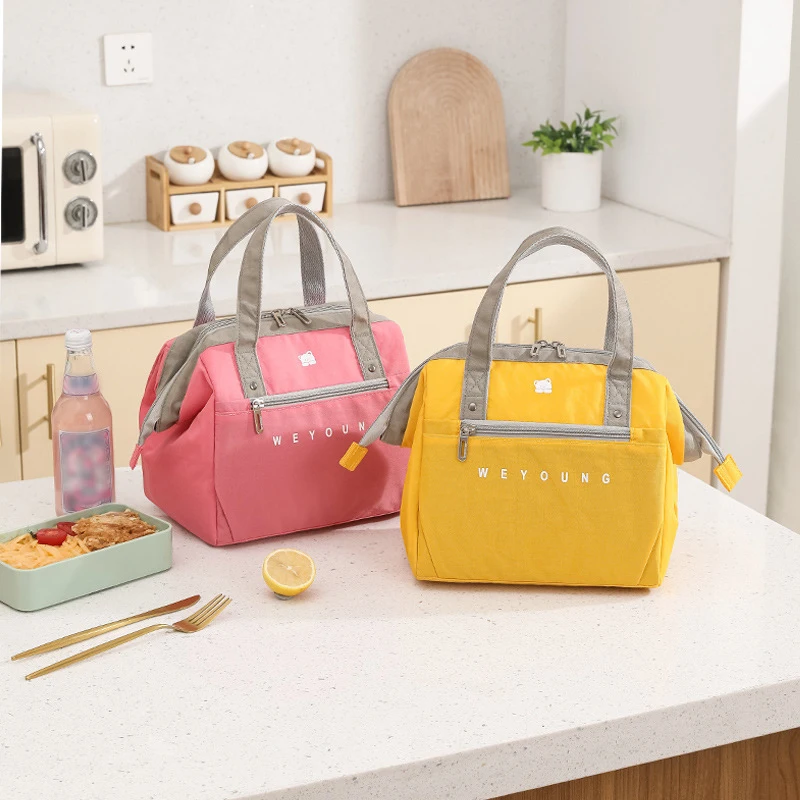 New Candy Color Nylon Tote Lunch Bags for Women Korean Large Capacity Aluminum Foil Picnic Cooler Bags with Multiple Pockets