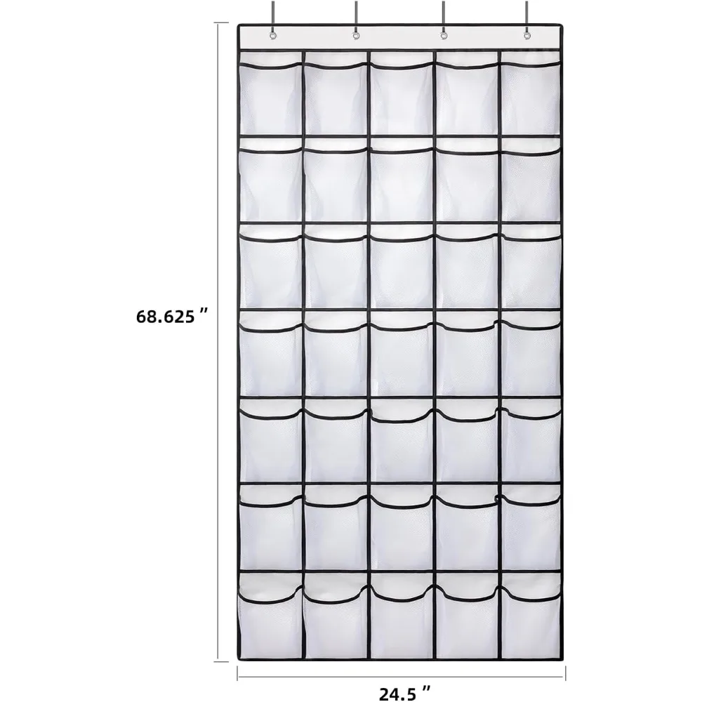 35 Pockets Over Door Shoe Organizer, Hanging Storage with Mesh Pockets, Large Capacity, 4 Metal Hooks, White view 3