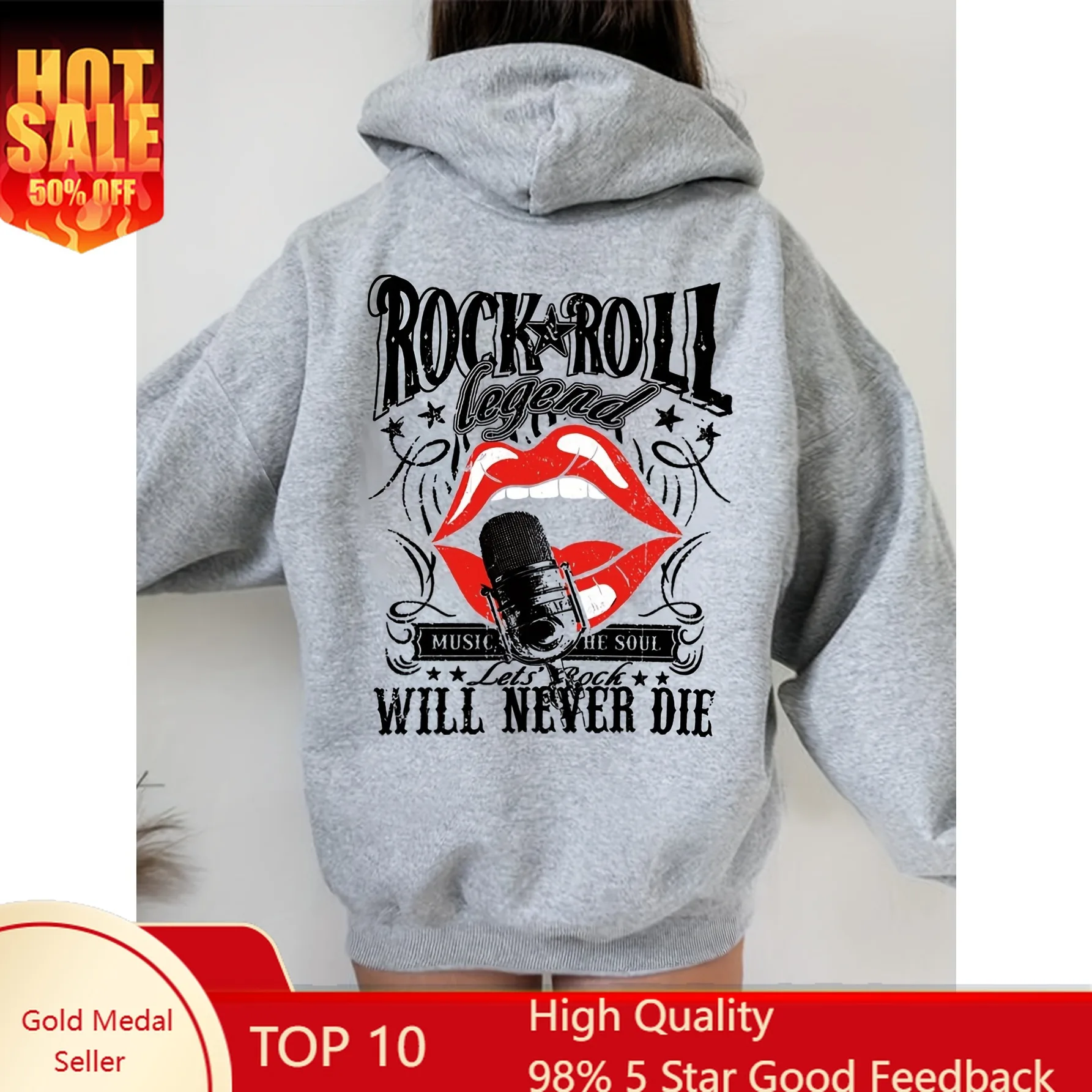 Y2K grafische hoodie met rits voor dames - Rock 'n' Roll Legend Never Die-ontwerp met rode lippen en sterren, zwart casual streetwear sweatshirt