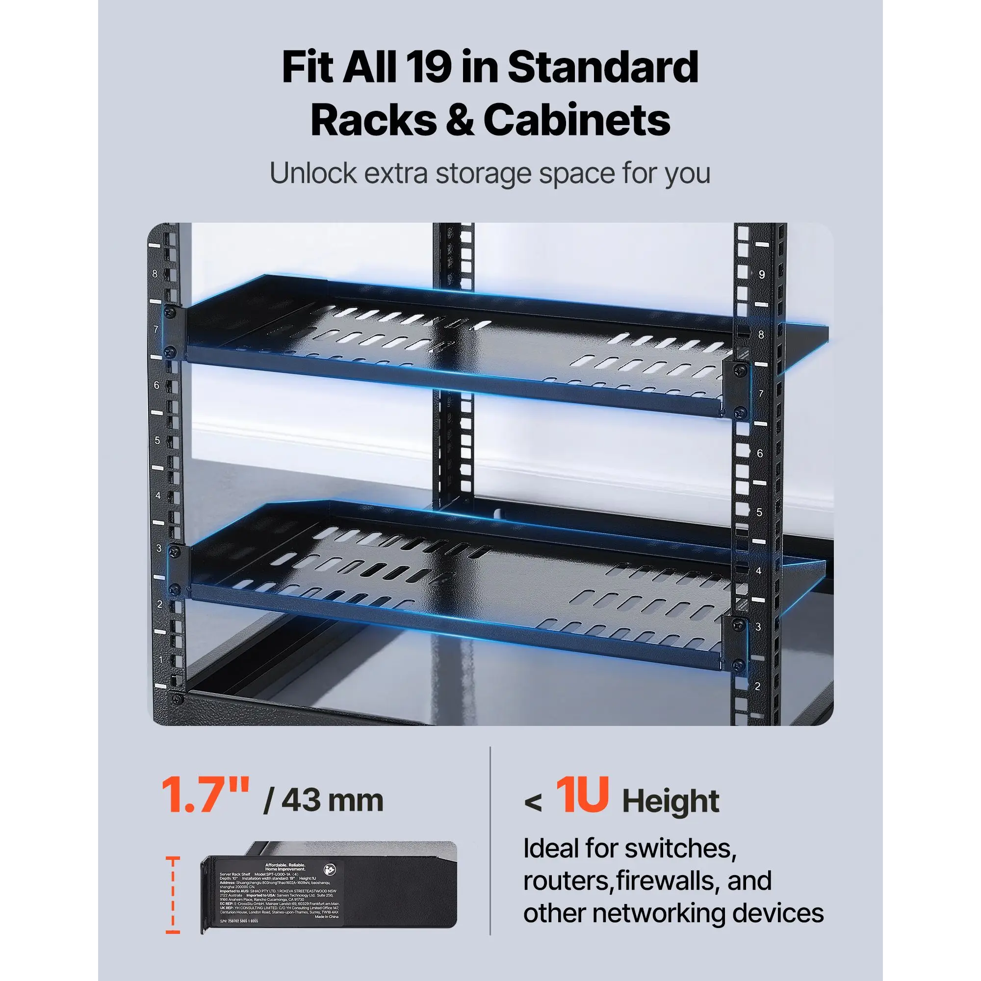 1U Server Rack Shelf, 4 PCS, 50 lbs Max Load-Bearing Vented Cantilever, Wall Mount or with Tray, 10 in Depth, Good Air