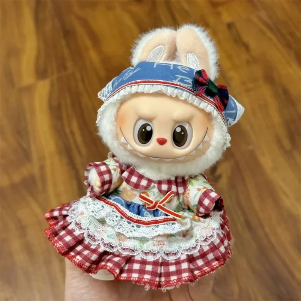 2025 novo 17cm caixa cega labubu traje cosplay mutável artesanal sapo e porco conjunto de pelúcia saia labubu boneca traje