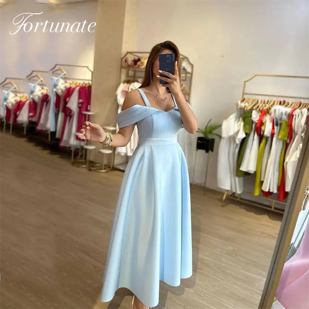 

Customized Blue A-line Prom Dress Off Shoulder Satin Evening Dress Tea-length Simple Formal Occasion Gowns Robes De Soirée 2025