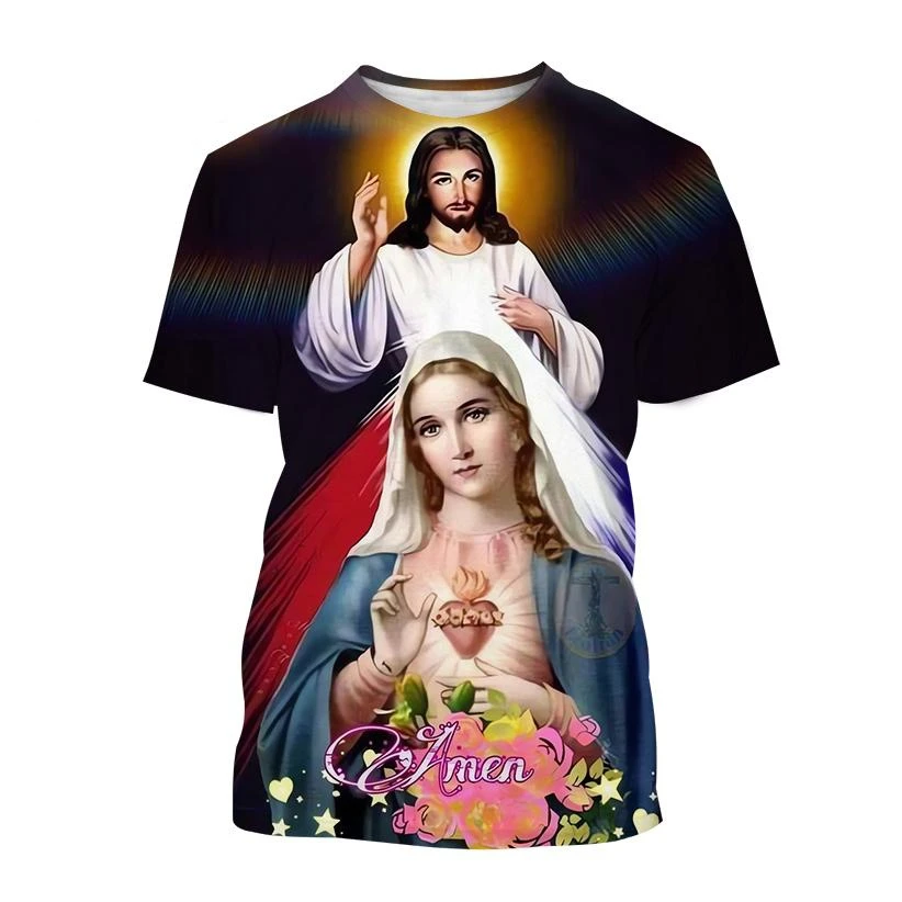 Hot Sale Christian Mother of God Virgin Mary 3D Print T-Shirt Jesus Cross God Cross Jesus Loves All Christian Unisex Casual Top