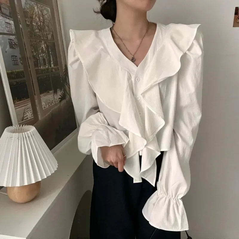 Neploe Elegant V-neck Ruffles Shirts Women 2024 Early Autumn New All-match Blouses Y2k Flare Sleeve Loose Black Blusas Mujer