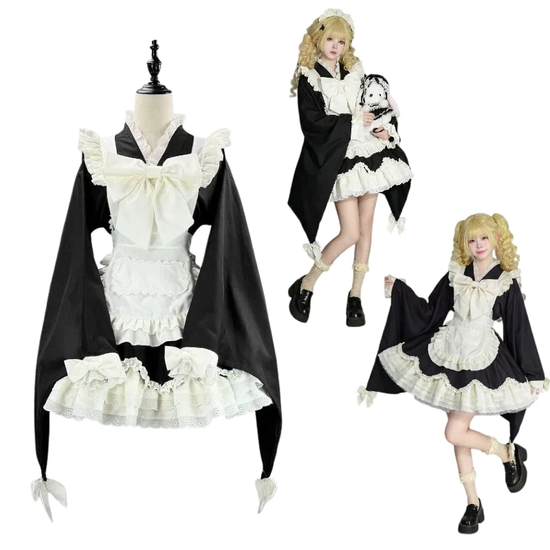 

Japanese-style Maid Uniform White and Black Lolita with Bow Tie Cute Dress Anime Theme Party for Women Stage Performance Outfits