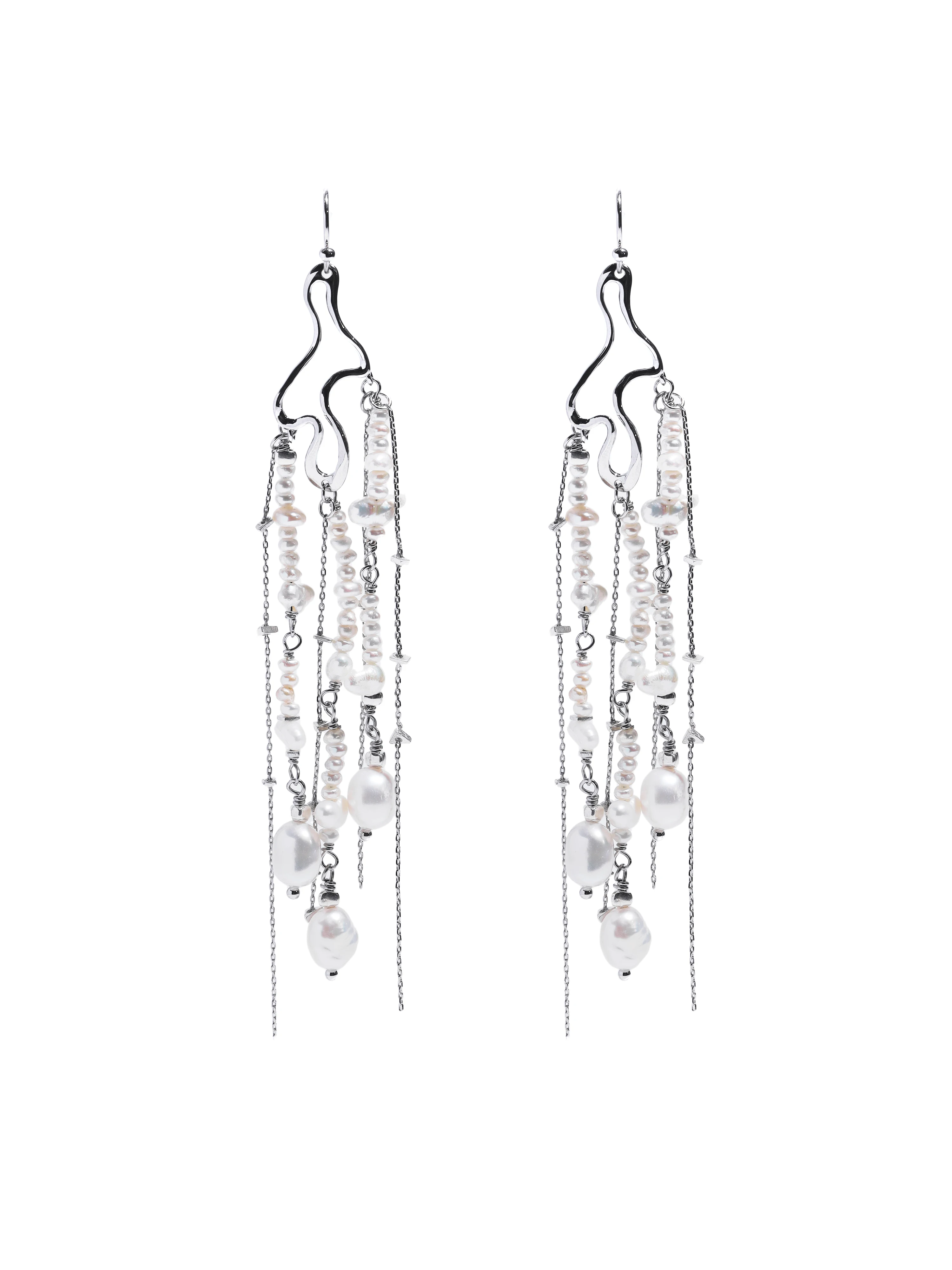 Silver Tone Multi‑Layer Tassel Pearl Hook Earrings Long Chain Tassel Dangle Earrings Wedding Banquet Party Jewelry for Women