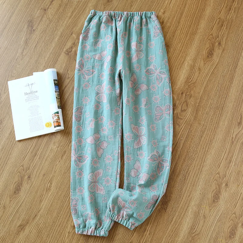 2024 New Spring Summer Women\'s Pajamas 100% Cotton Crepe Pants Ladies Double Sided Yarn dyed Beachwear Loose Home Pants