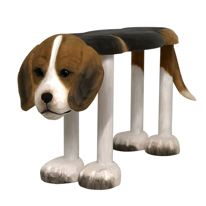Taburete de mesa de centro de hound beagle medio tallado a mano de madera maciza, taburete para cambiar zapatos