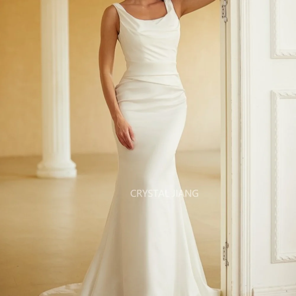 

Elegant Long Wedding Dresses Spaghetti Strps Charmeuse Sleeveless Sheath Sweep Train свадебное платье Bridal Gowns