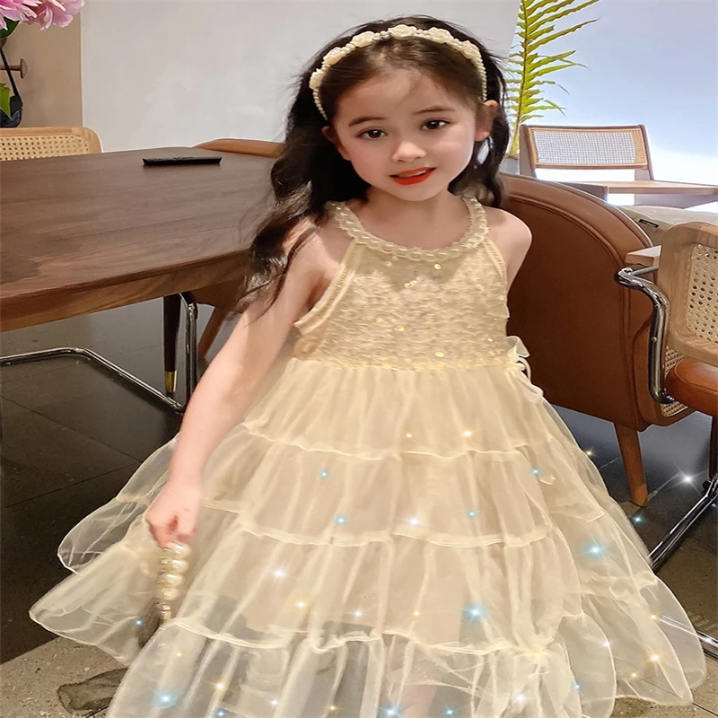 Halter Neck Strapless Dress for Girl 2023 New Pearl Sequins Elegant Princess Dress Sleeveless Summer Dress for Girls 3-6Years