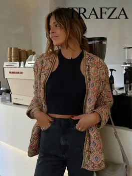 TRAFZA 여성용 퀼팅 프린트 루즈 재킷, 포켓 스트리트웨어, 여성 카디건 코트, 여성 패션, 겨울 코트, 신상