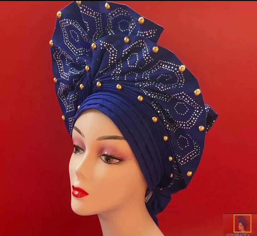 Nigeryjczyk aso oke headtie afrykański szal kobiety biały Aso Oke Gele z złote koraliki Auto nakrycia głowy afryki czapka Turban dla kobiet