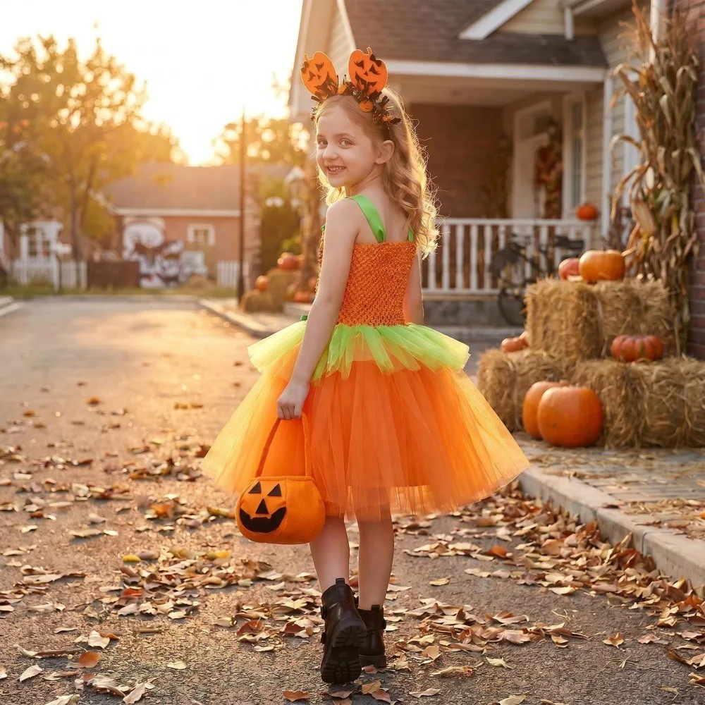 

New Arrival Orange Pumpkin Tulle Tutu Dress Halloween Carnival Stage Outfit For Holiday Party Attire Photo Shoot Festive Apparel