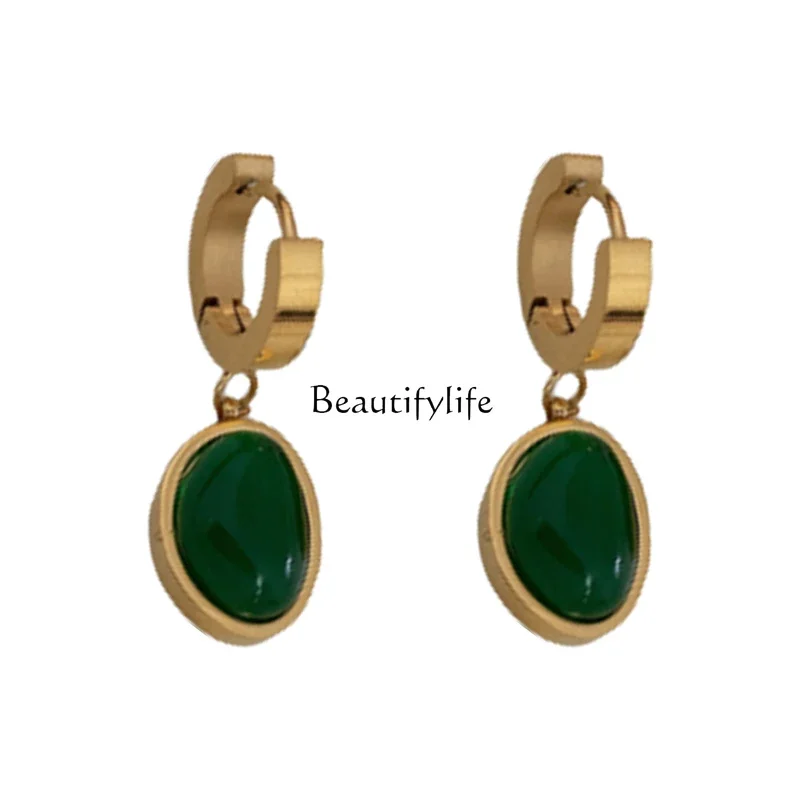 

Titanium steel emerald earrings 2024 new temperament niche retro earrings light luxury earrings women