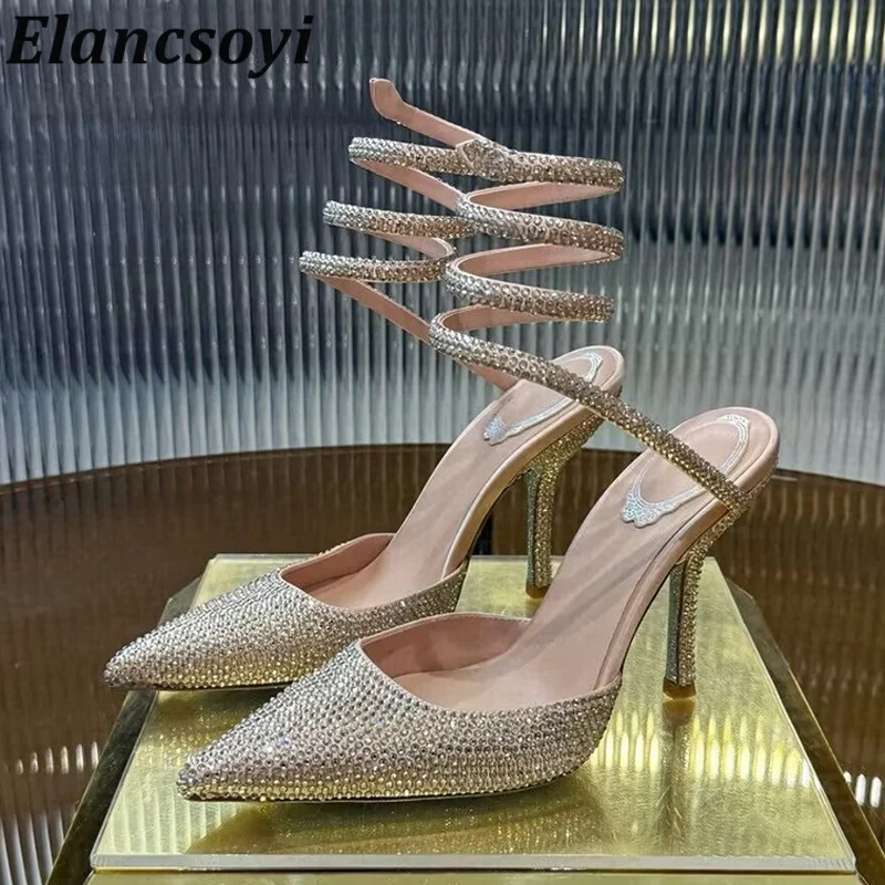 Pumps Women's Ankle Snake Shaped Winding Wedding Shoes Pointed Toe Full Rhinestone High Heels Sandals Sexy Thin Heels Sandalias