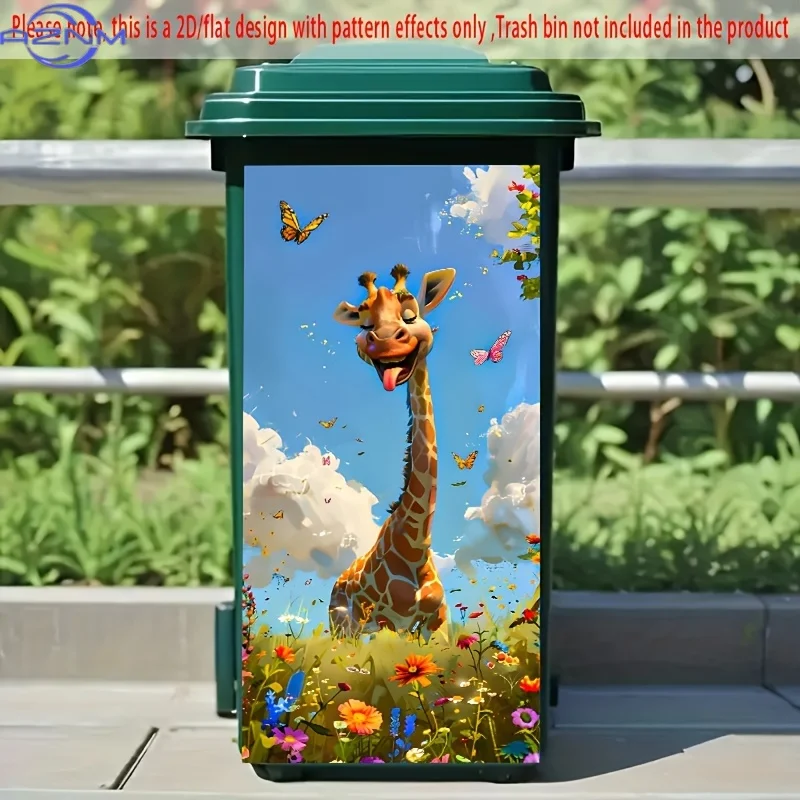 Trash Can Sticker. 37.01*81.99cm. Giraffe, Butterflies and Flowering Plants Pattern. Cheerful and Childlike. Creative Trash Ca
