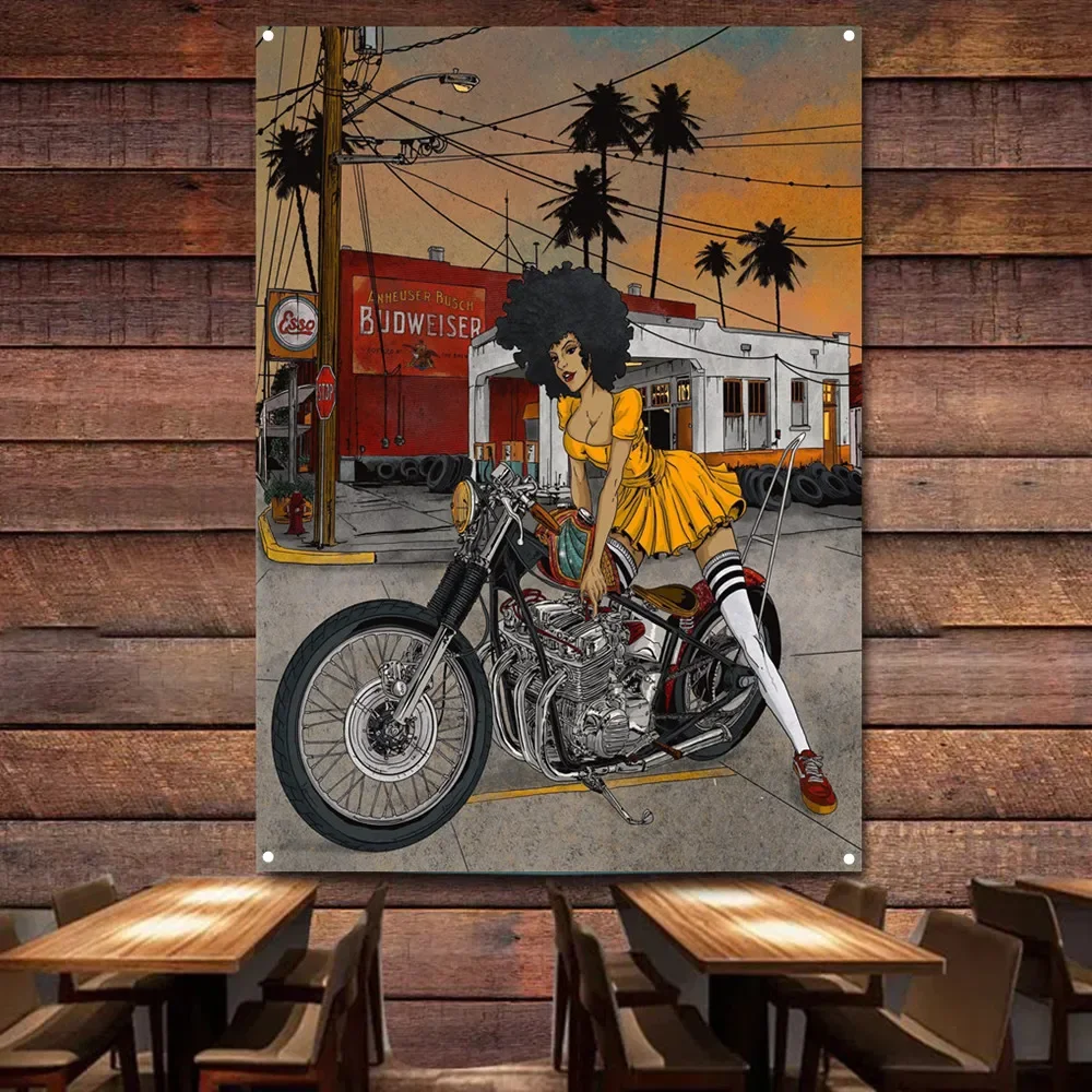 African American Hot Girl Motorcycles Art Poster Vintage Station Wall Decor Flag Wall Hanging Banner Cars Painting for Garage