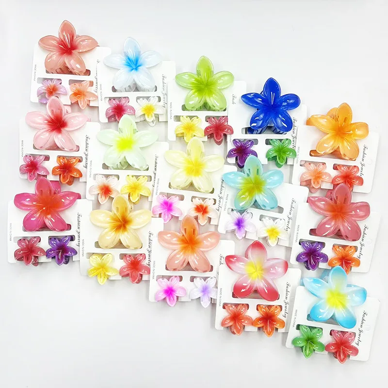 3Pcs Sweet Hawaiian Gradient Color Flower Hair Clip Claw Ponytail Clip Headwear Hairpin Crab Barrette Hair Accessories For Women