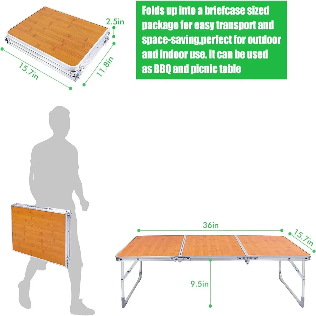 Folding Camping Table,3 Feet Portable Outdoor Table with Aluminum Legs,3 Fold Lightweight Beach Table with Handle for Picnic BBQ