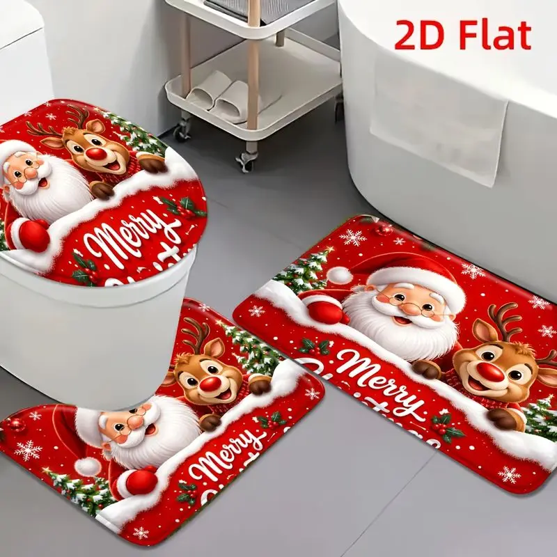 VIKAMA Christmas Bathroom Mat Santa Reindeer Print Anti Slip Toilet Area Rug for Bathroom Floor Home Holiday Cozy Decor Great