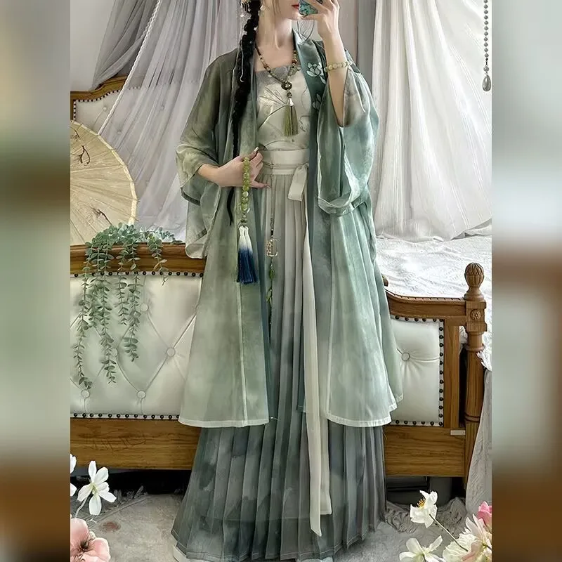 플러스 사이즈 10XL 한복 드레스 여성용 고대 중국 한복 세트 오버사이즈 코스프레 의상 빈티지 그린 3종 세트 한복 파티 드레스