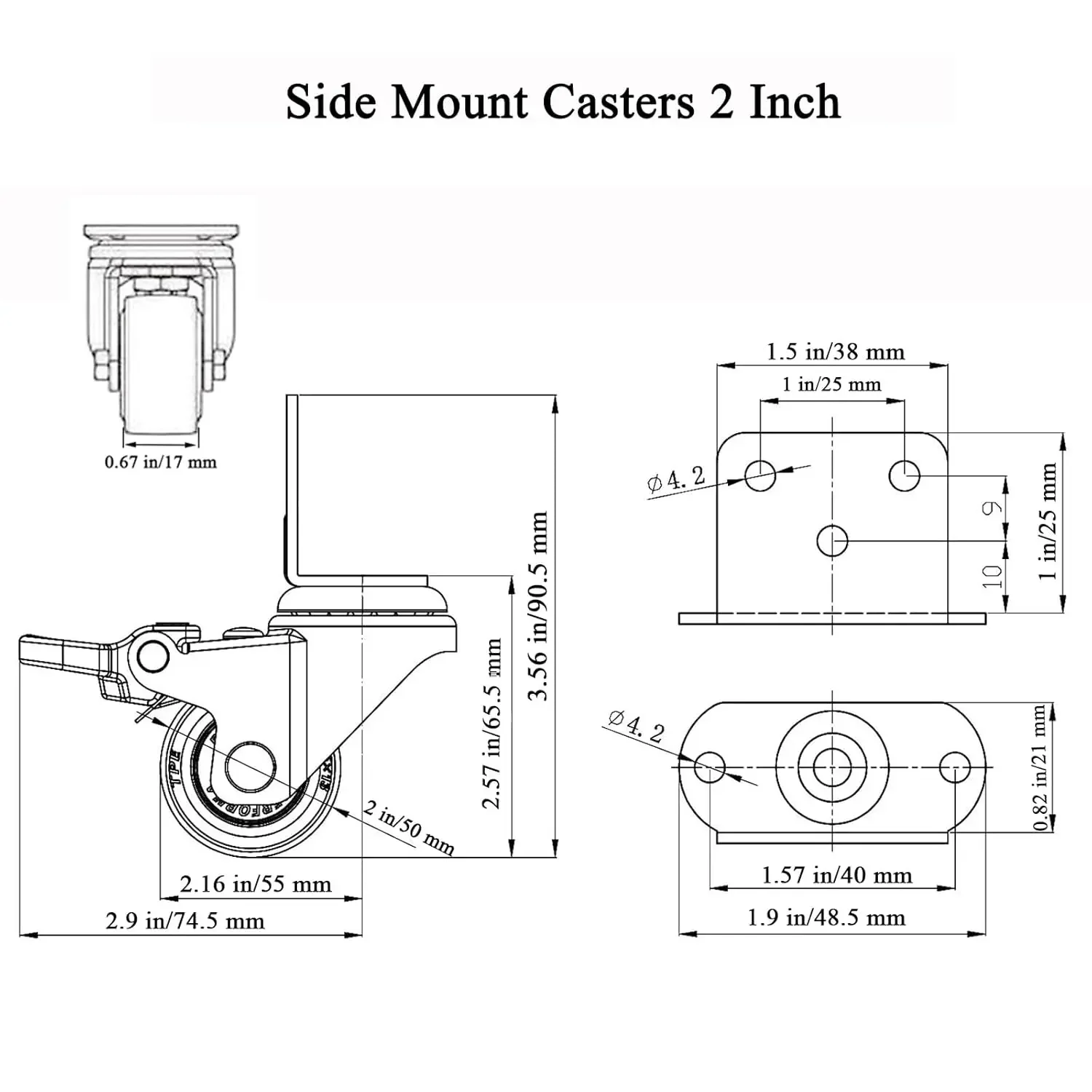 2 Inch L-Shaped Plate Caster Wheels, Heavy Duty Swivel Side Mount Casters ,Silent Small Rubber Rolling Wheels for Furniture