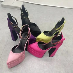 Brand Designer Women Pumps Luxury Satin Cloth Crystal Buckle Spring Summer Female Party Shoes Round Toe High Heels Women Sandal