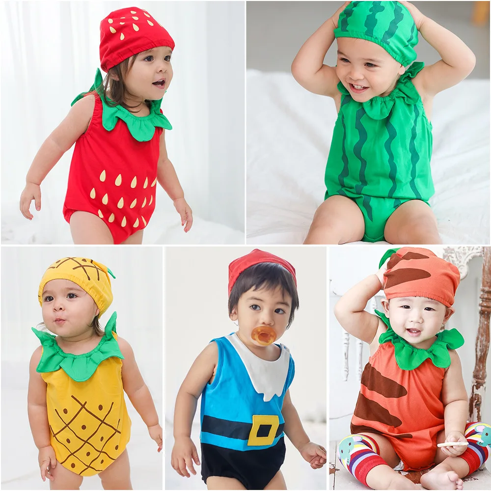 Baby Sleeveless Romper Summer Infant Fruits Outfit Hat 2pcs Unisex Boys Girls Cute Onesie Cotton Jumpsuit Newborn Daily Outfit
