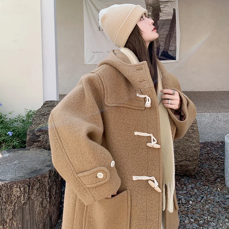

2024 Autumn Camel Hooded Wool Coat Women Winter College Style Horn Button Thickened Tweed Jacket Petite