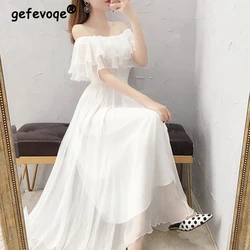 Vestido de fiesta blanco con volantes y hombros descubiertos para mujer, vestido Midi ajustado de manga corta y cintura alta para playa, 2022