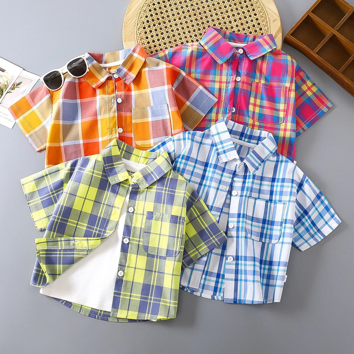 Boys Cotton T-Shirts Fashion Kids Short Sleeve Plaid Blouse For 2-10 Years Children Clothing Casual Tops Birthday Present