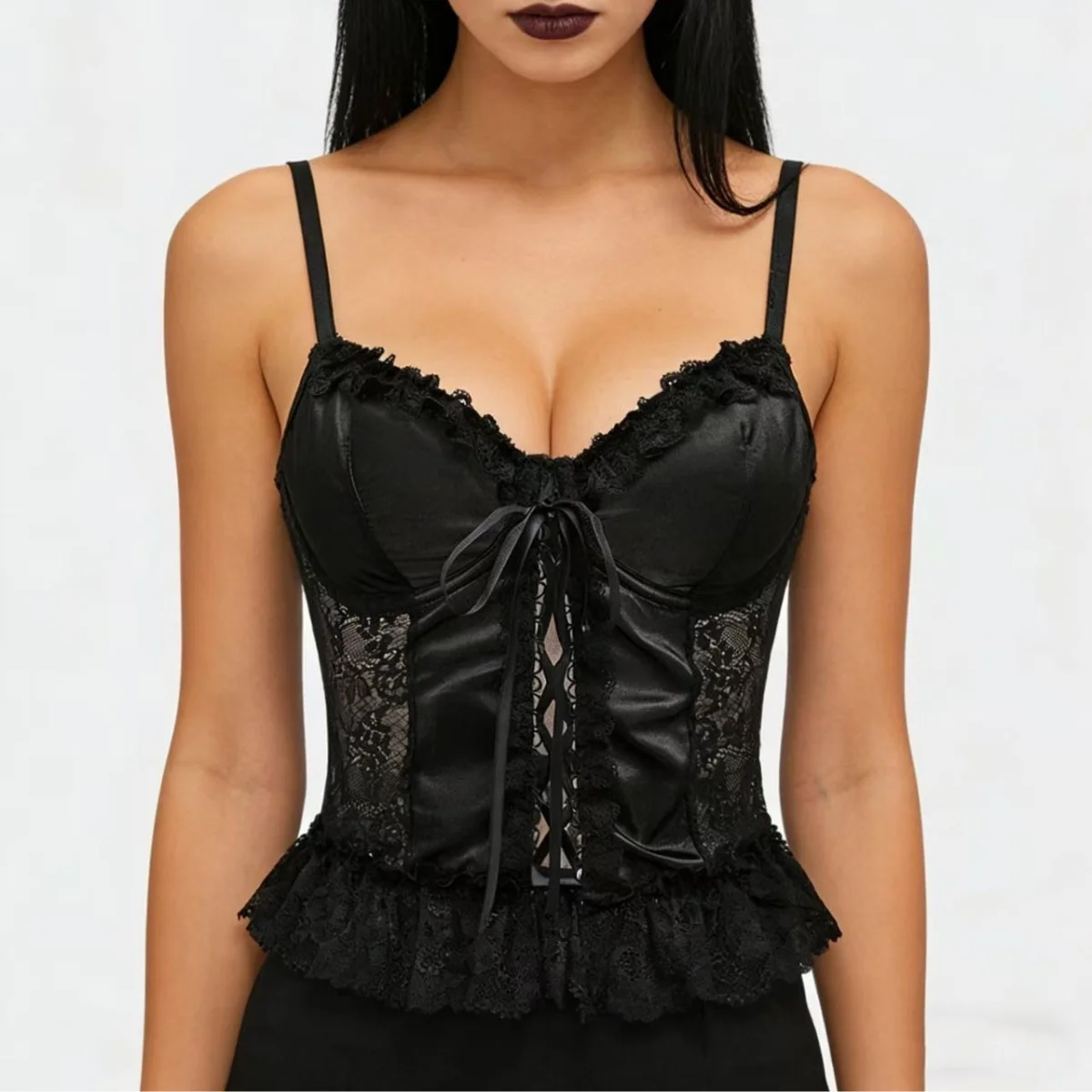 Gothic Satin Lace Patchwork Crop Tops Y2K Clothes Cami Women Sexy Sleeveless Sling Vest Spice Girl Fashion Short Tank Top Summer