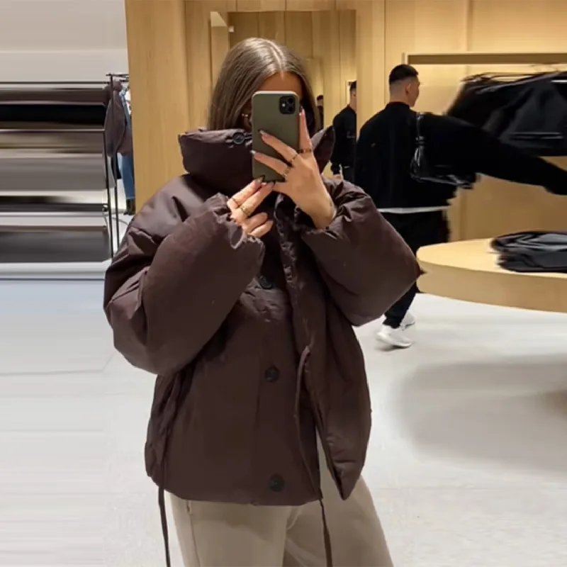 Winter Warm Puffy Women's Down Jacket Thicken High Collar Lace Up Cotton Padded Coats Single Breasted Outwear 2025 New Lady Coat