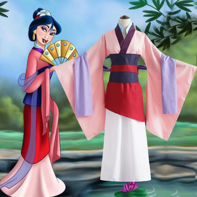 

Women Elder Girls Hua Mulan Cosplay Dress Women Trandition Dress Folding Fan Pink Kimono Long Dress Anime Costume