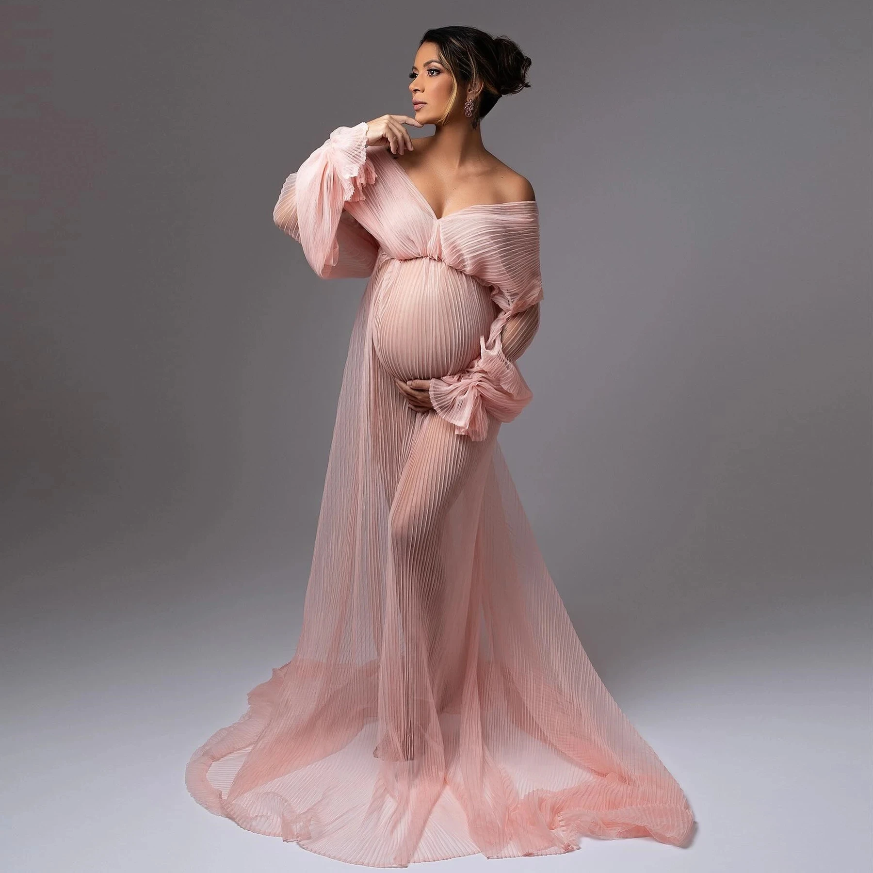 Photography Dreamlike Trimmed Dresses Women Wear Long Sleeves Pregnant Dress Handmade Off Shoulder Pink Prom Gowns Pleated