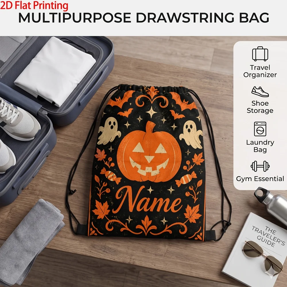 1Pc Halloween Custom Name/Text Drawstring Backpack, Spooky Ghost Pumpkin Design Gift Storage Bag, Suitable for Party and Events