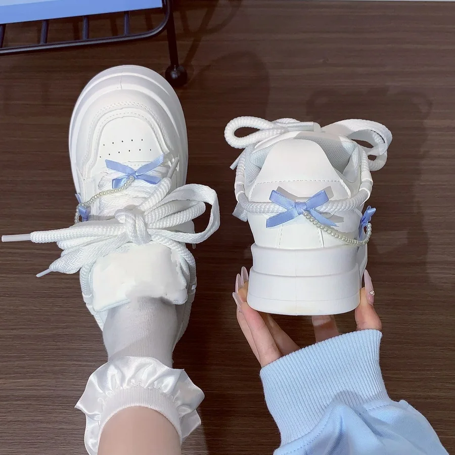 

White Platform Sneakers Women's Autumn Bowknot Designer Casual Shoes With Pearl Chain Ins Trendy Chunky Sole Sport Shoes