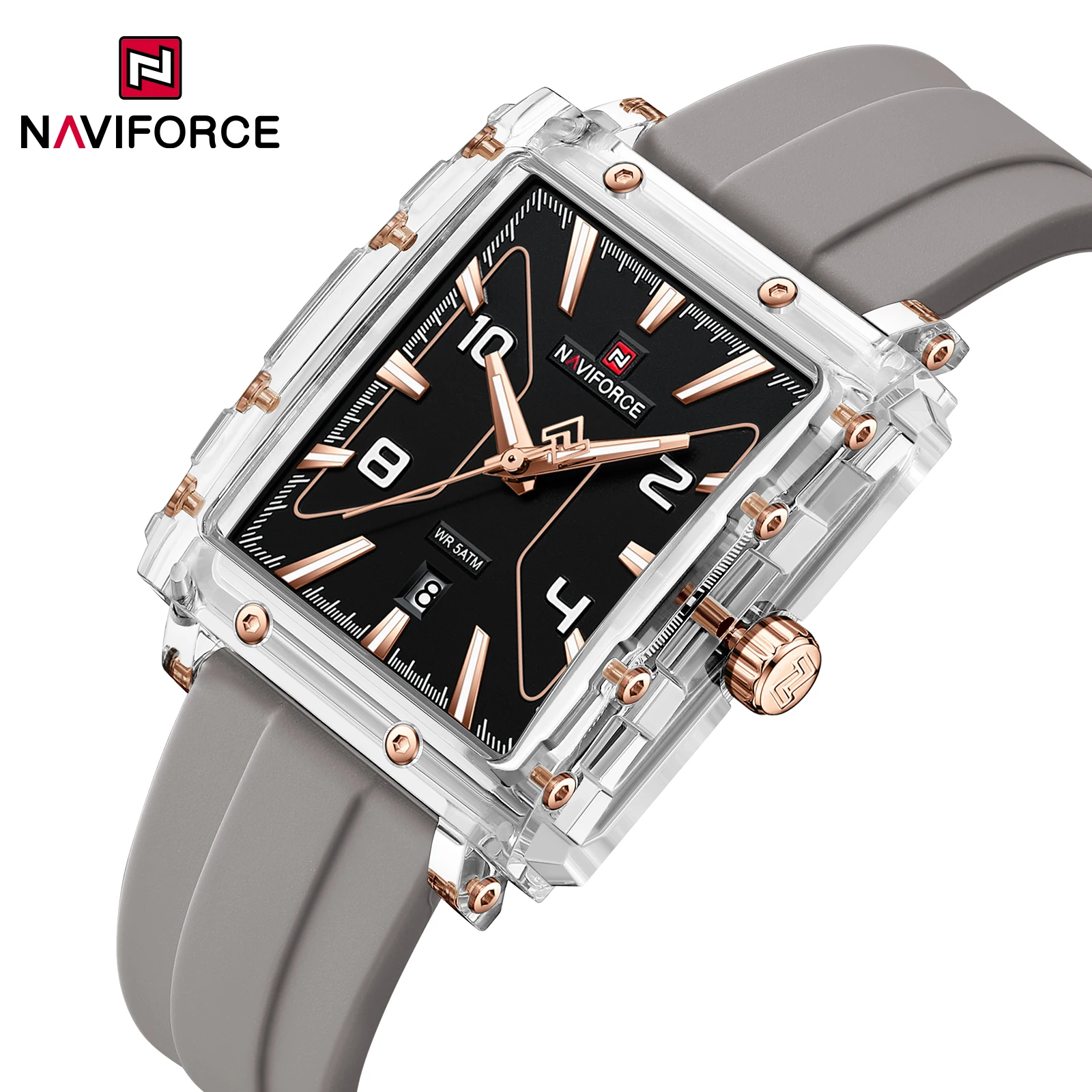 NAVIFORCE 6112 Men's Quartz Watch Calendar Luminous Fashion Square Dial Wrsitwatch Silicone Strap Casual Sports Watches for Man