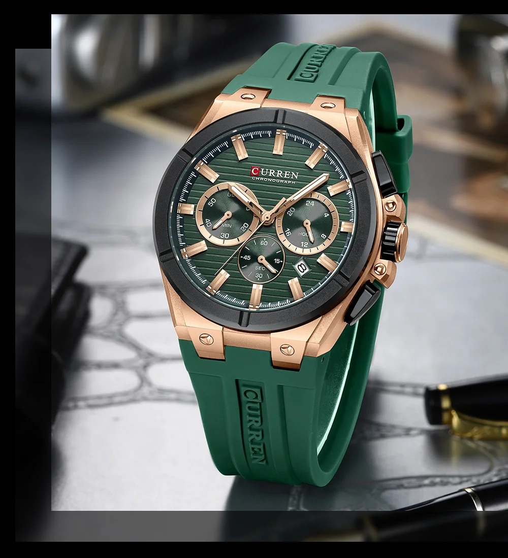 CURREN Herren-Luxus-Chronographenuhr mit 44-mm-Gehäuse, modische Quarz-Armbanduhr, lässiges Sport-Silikonarmband mit automatischem Datum. – Detail 13