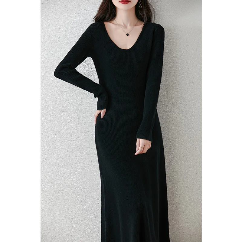 VU Collar Slim Fit 100% Merino Wool Women\'s AutumnWinter New Style Long Sleeved Warm Solid Color Pullover Fashionable Knit Dress
