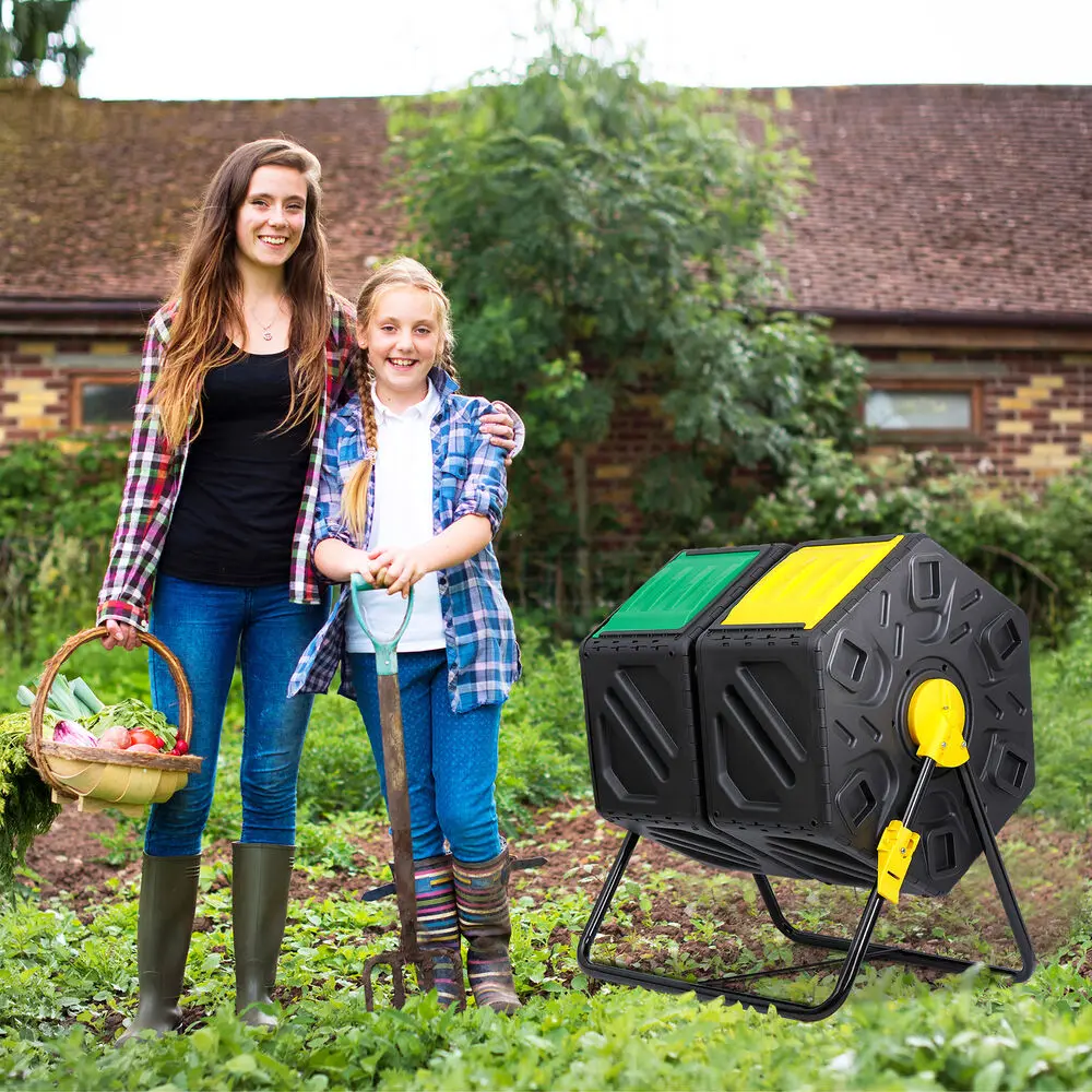 2X 37Gal ห้องใหญ่ Compost Tumbler Composter พร้อมประตูบานเลื่อน 2 ประตู 360 °   รวดเร็ว