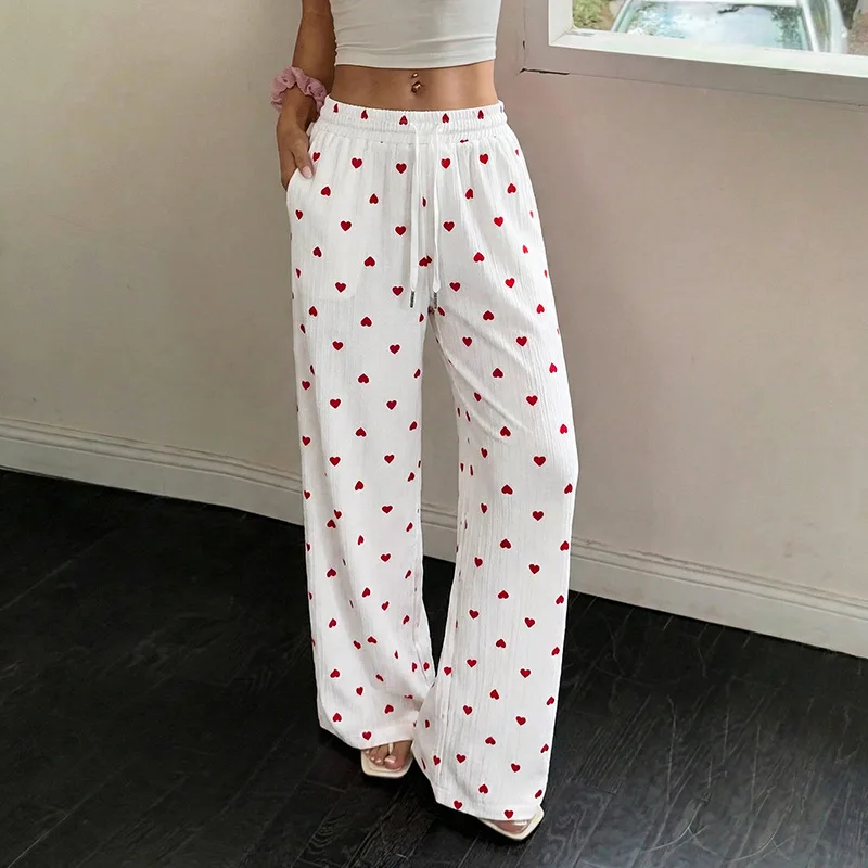 Women's Long Pants 2026 New Straight Leg Lace Up Heart-shaped Pattern Casual Wide Leg Pants Summer