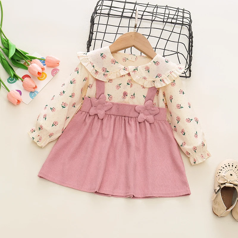 Autumn New Girls' Fake Two-Piece Long Sleeved Floral Dress Children's Clothing Doll Collar Bow Shirt Children's Skirt