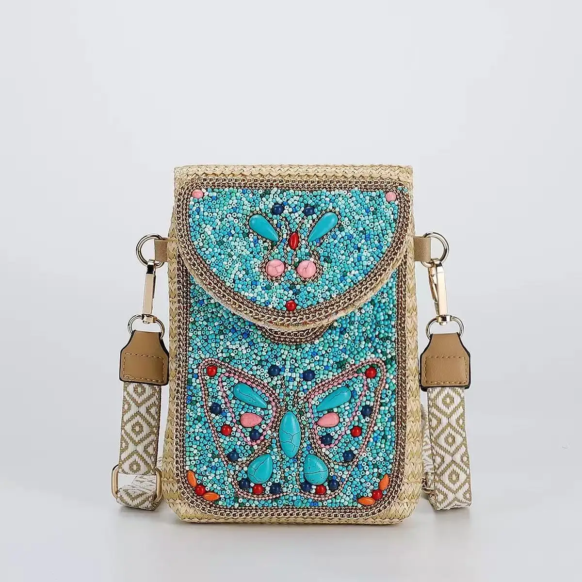 

Lake-blue butterfly Straw weaving Bohemian Handmade shoulder bag for Women