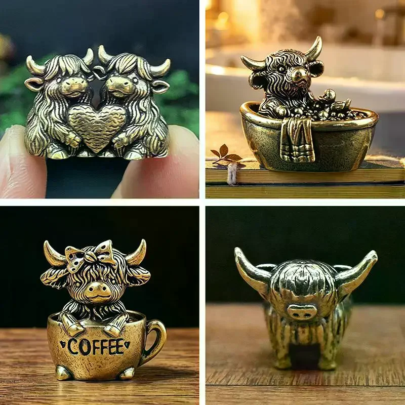 Vintage Brass Highland Cow Figurine Mini Handcrafted Lucky Fengshui Bull Statue for Home Office Desk Shelf Decor Gift