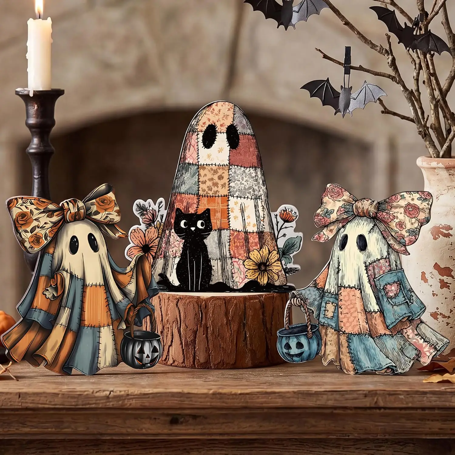 Ghost Halloween Table Decor, Vintage Patchwork Wooden Block Signs, Tiered Tray Centerpiece for Home Office Party