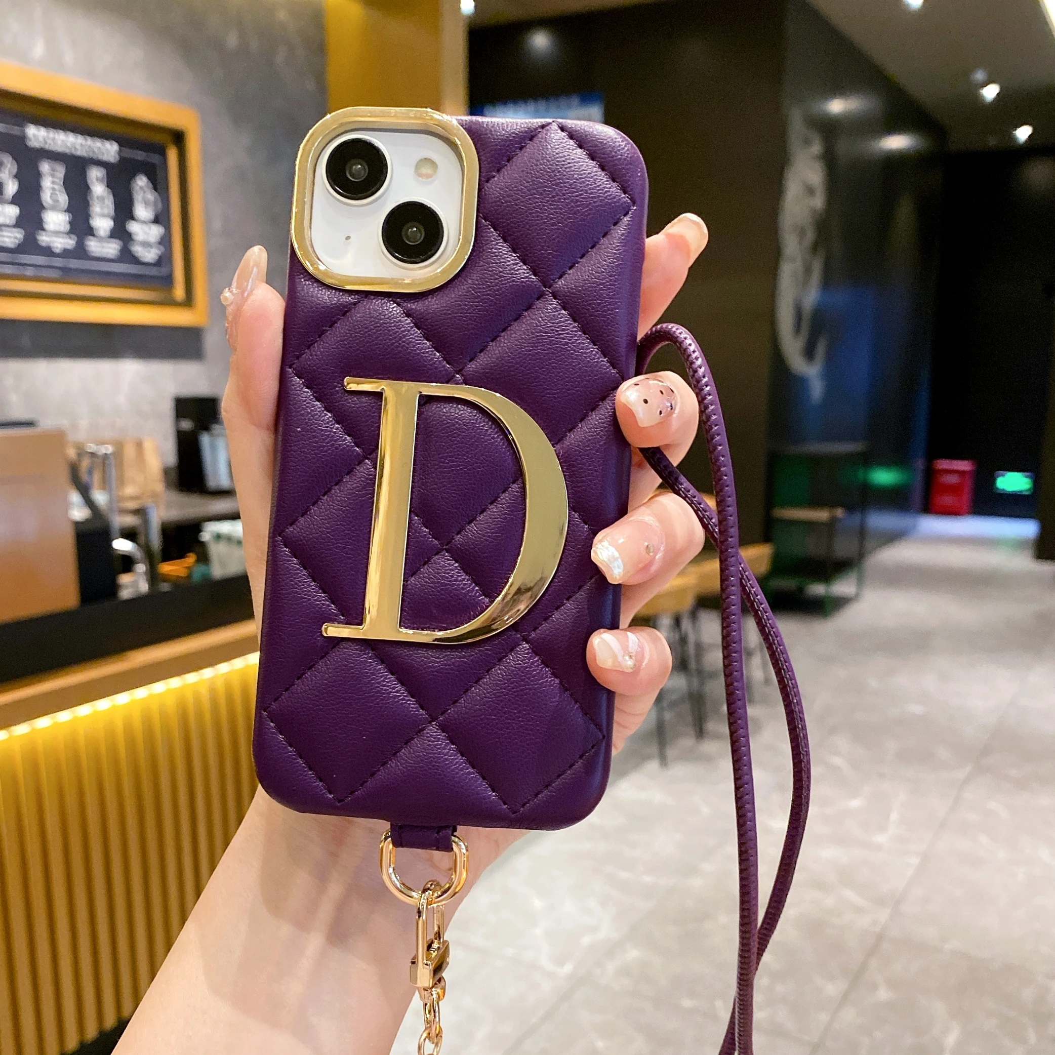 Leather Phone Case For iPhone16 15 14 13 12 11ProMax 15 16Plus Customized Name Gold Initials Big Letter Crossbody Lanyard